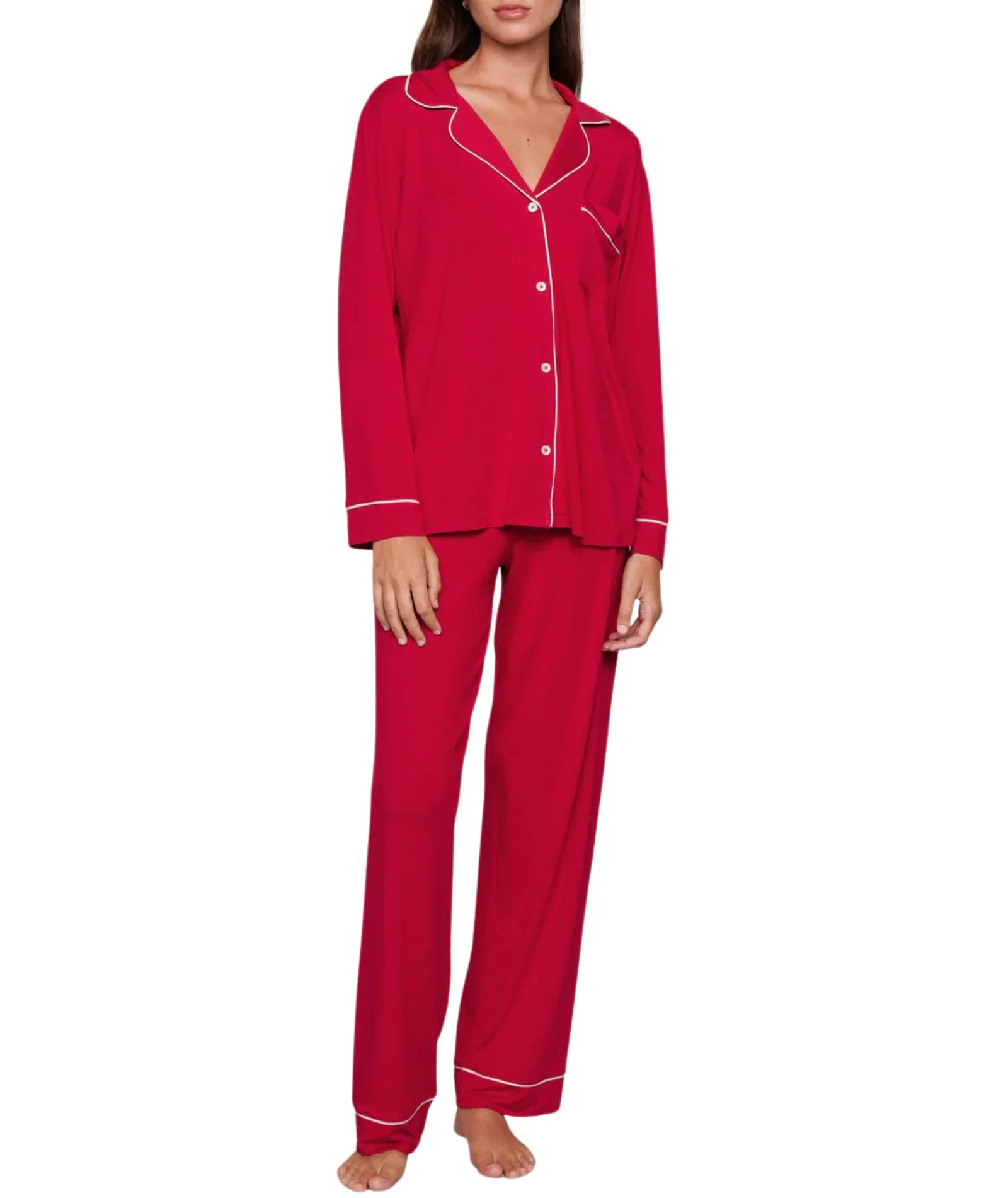 Eberjey Women Gisele Long PJ Set Red/Ivory With Ribbon - Image 3