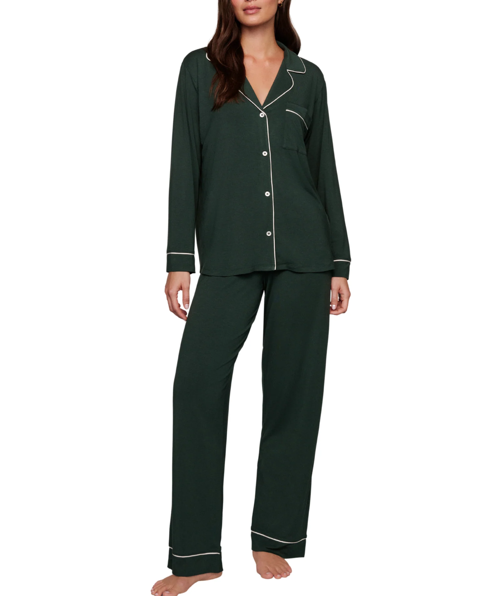 Eberjey Women Gisele Long PJ Set Pine/Ivory With Ribbon - Image 4