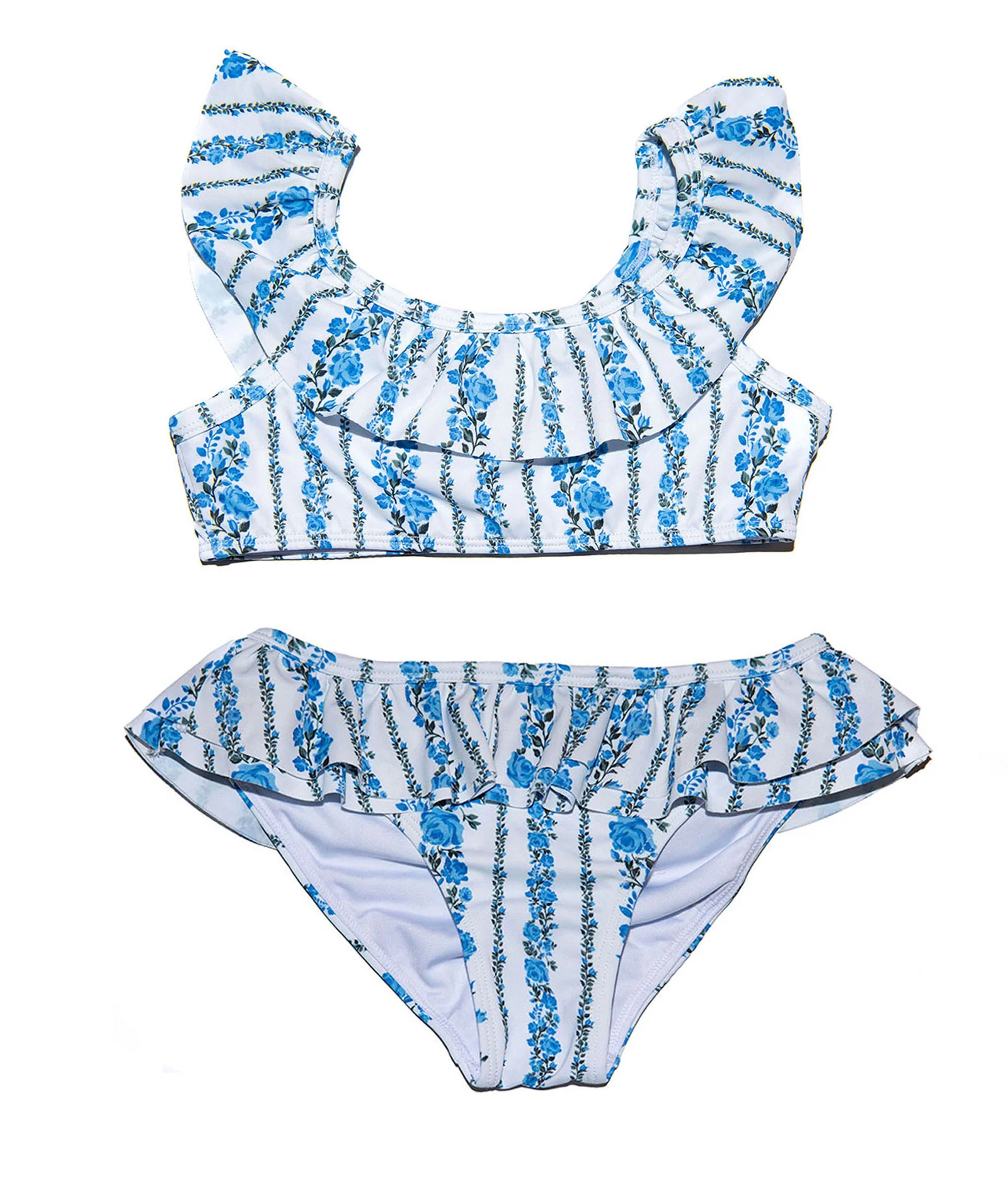 FBZ Girls Blue Stripe Floral Ruffle Bikini - Image 2