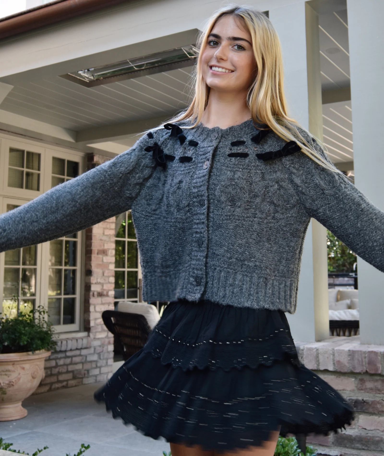 Love Shack Fancy Women Clementian Cardigan Dark Grey Melange - Image 3
