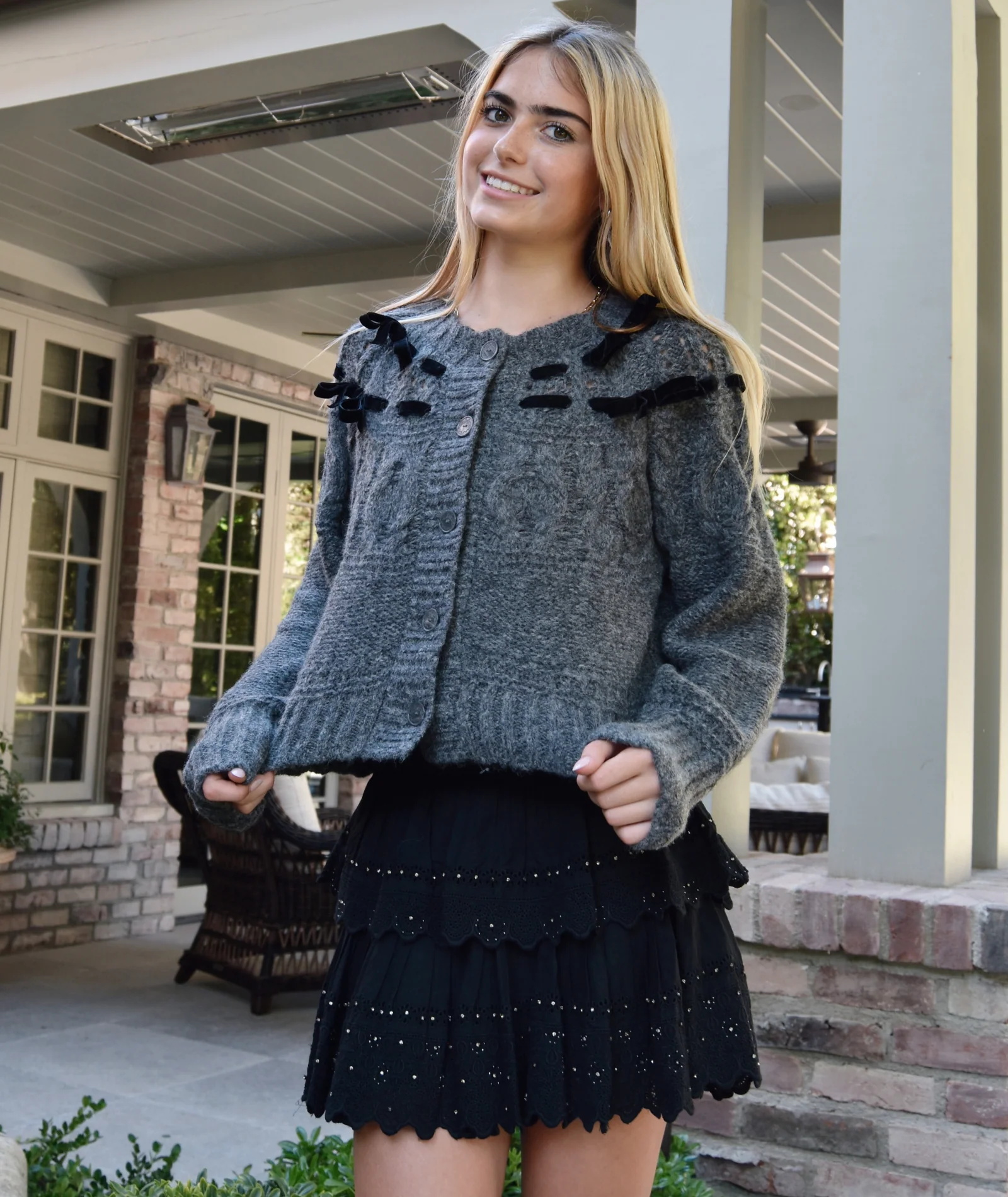 Love Shack Fancy Women Clementian Cardigan Dark Grey Melange - Image 4