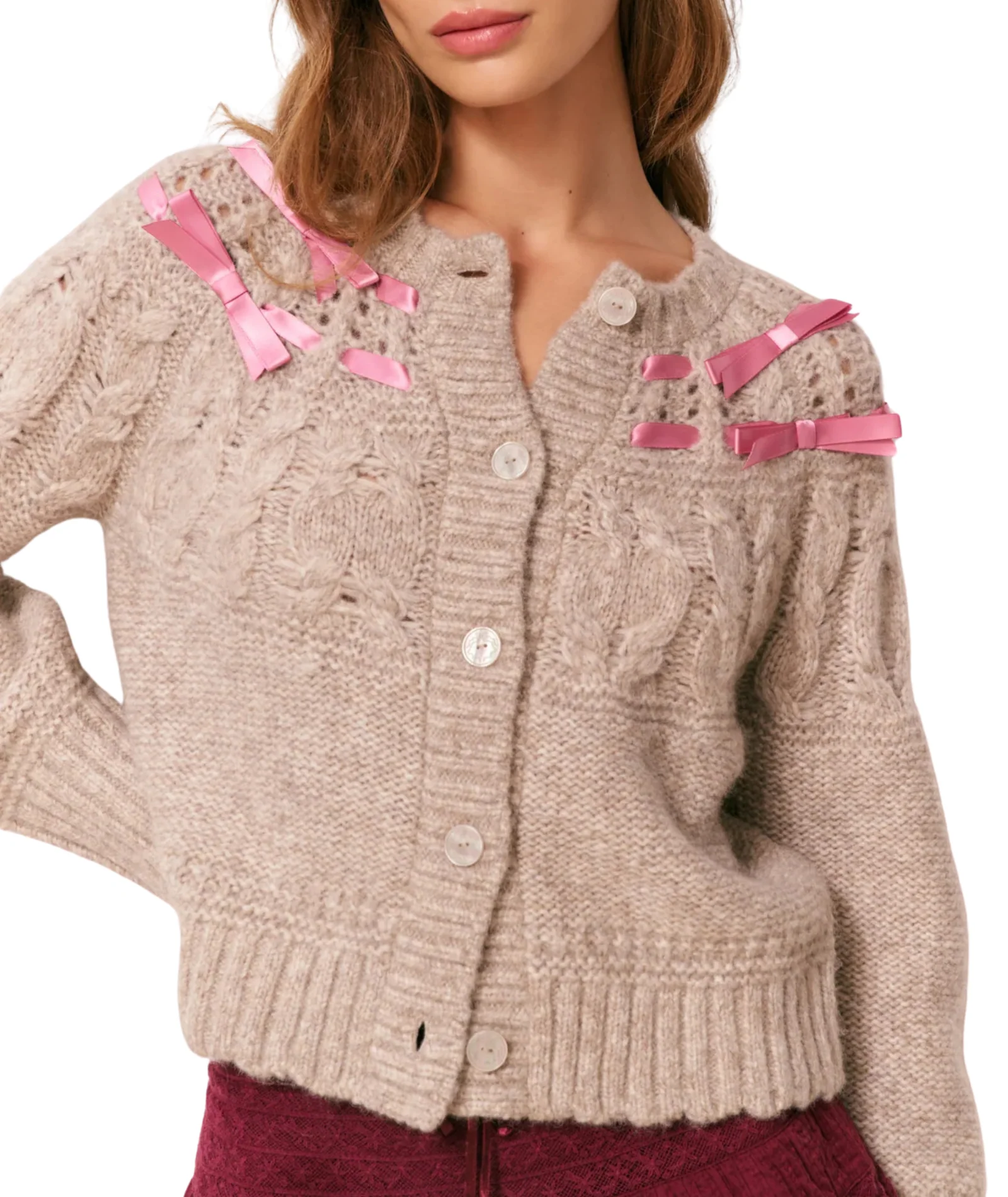 Love Shack Fancy Women Clementian Cardigan Oatmeal Melange - Image 4