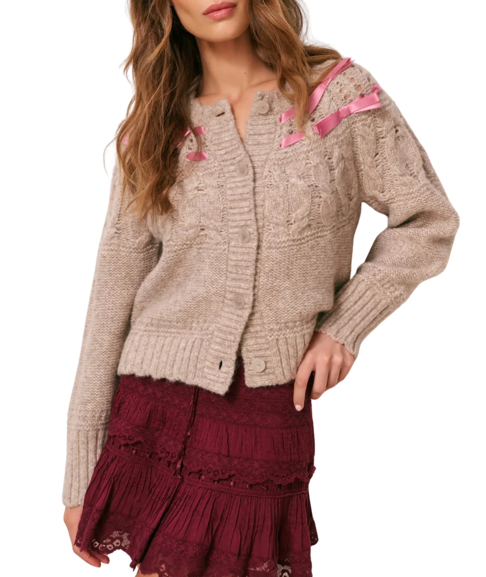 Love Shack Fancy Women Clementian Cardigan Oatmeal Melange - Image 7