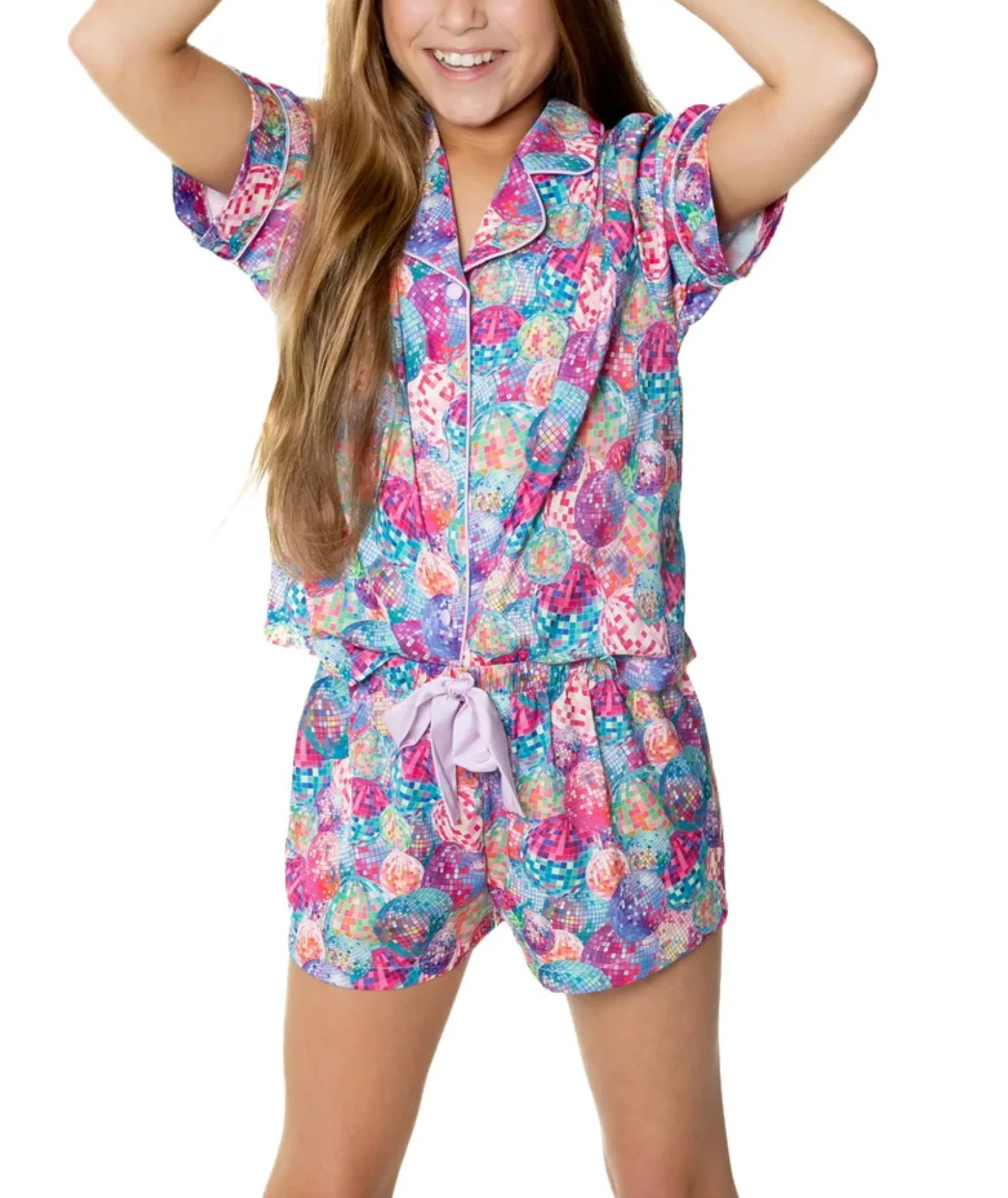 Sunshine Society Girls Silky Shorts PJ Set Disco - Image 2