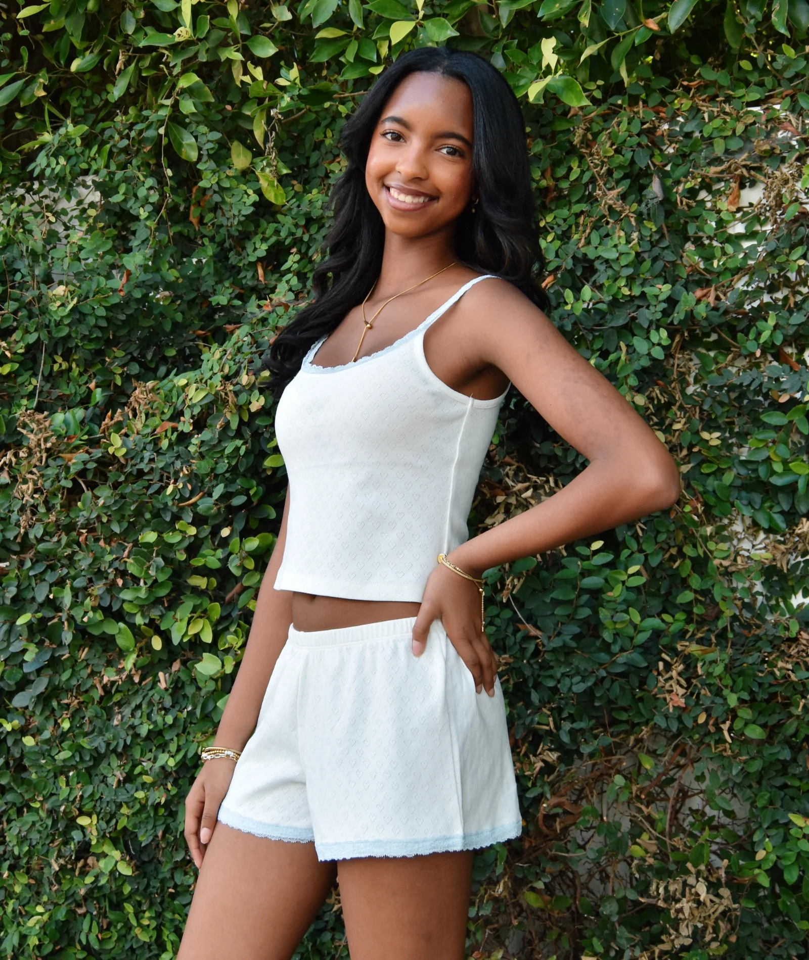 Theme Girl Teddy White With Blue Lace Heart Pointelle Shorts - Image 4